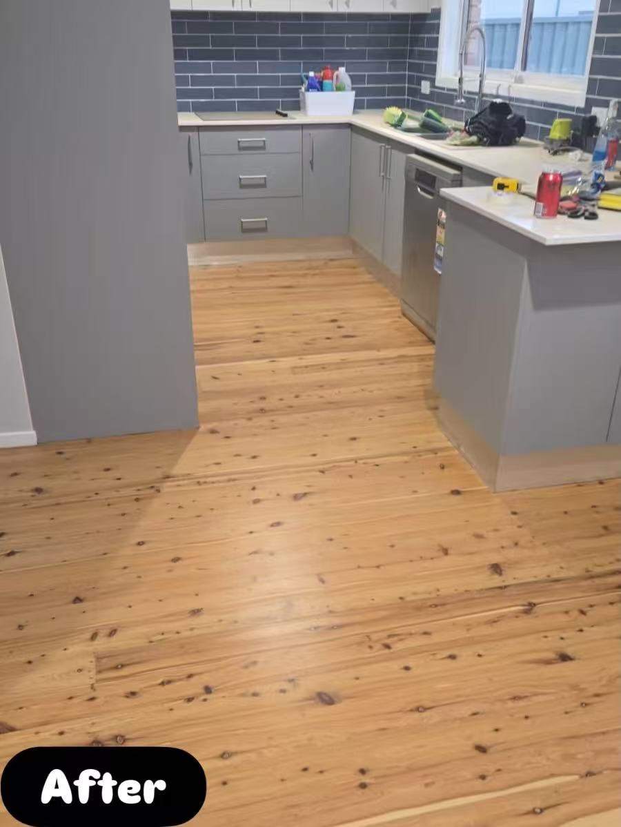 Kitchen timber floorboards sanded and refinished with a light water-based coating, Terrigal