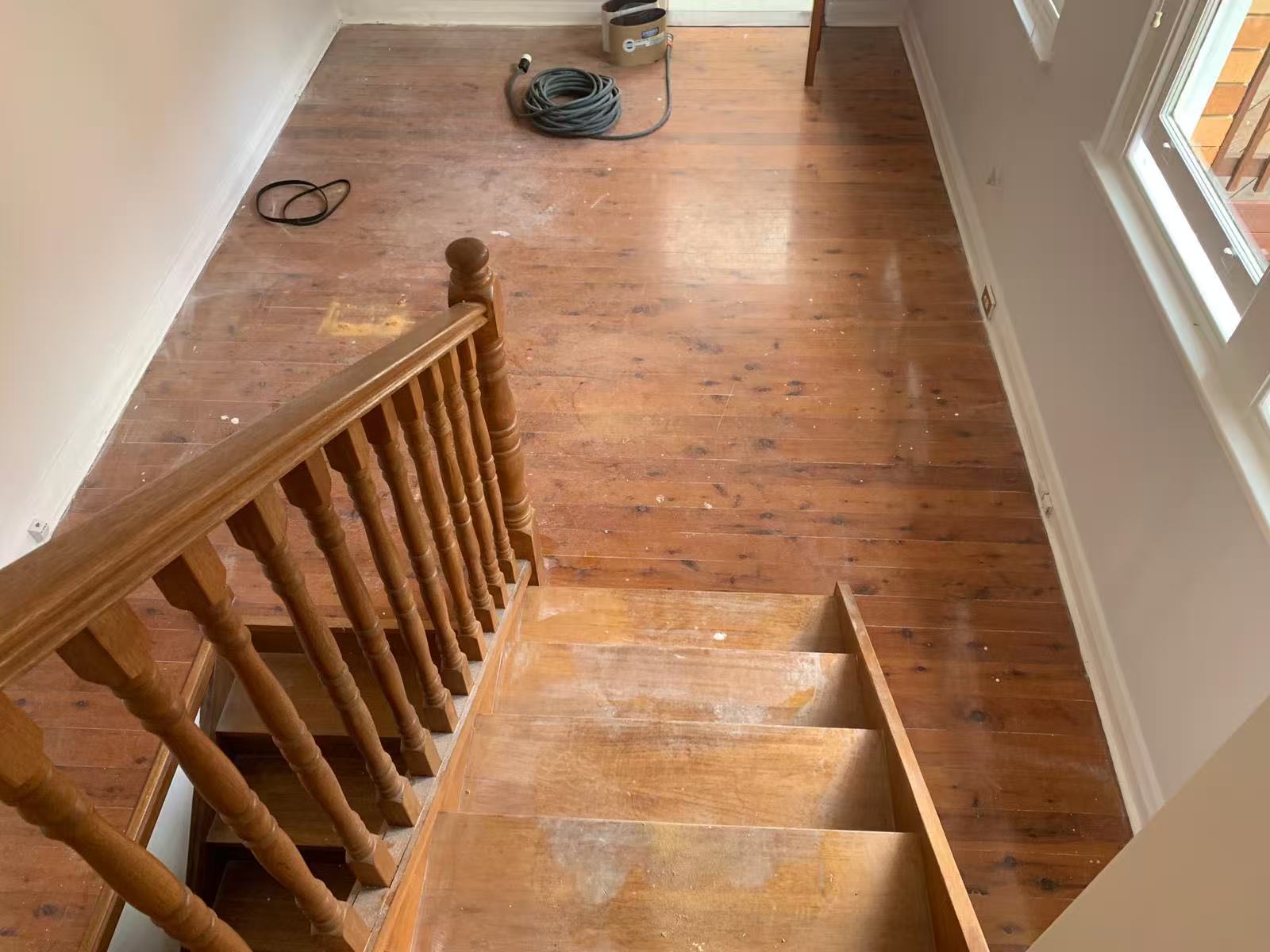 Old worn timber floorboards before sanding, upstairs landing, Eastwood