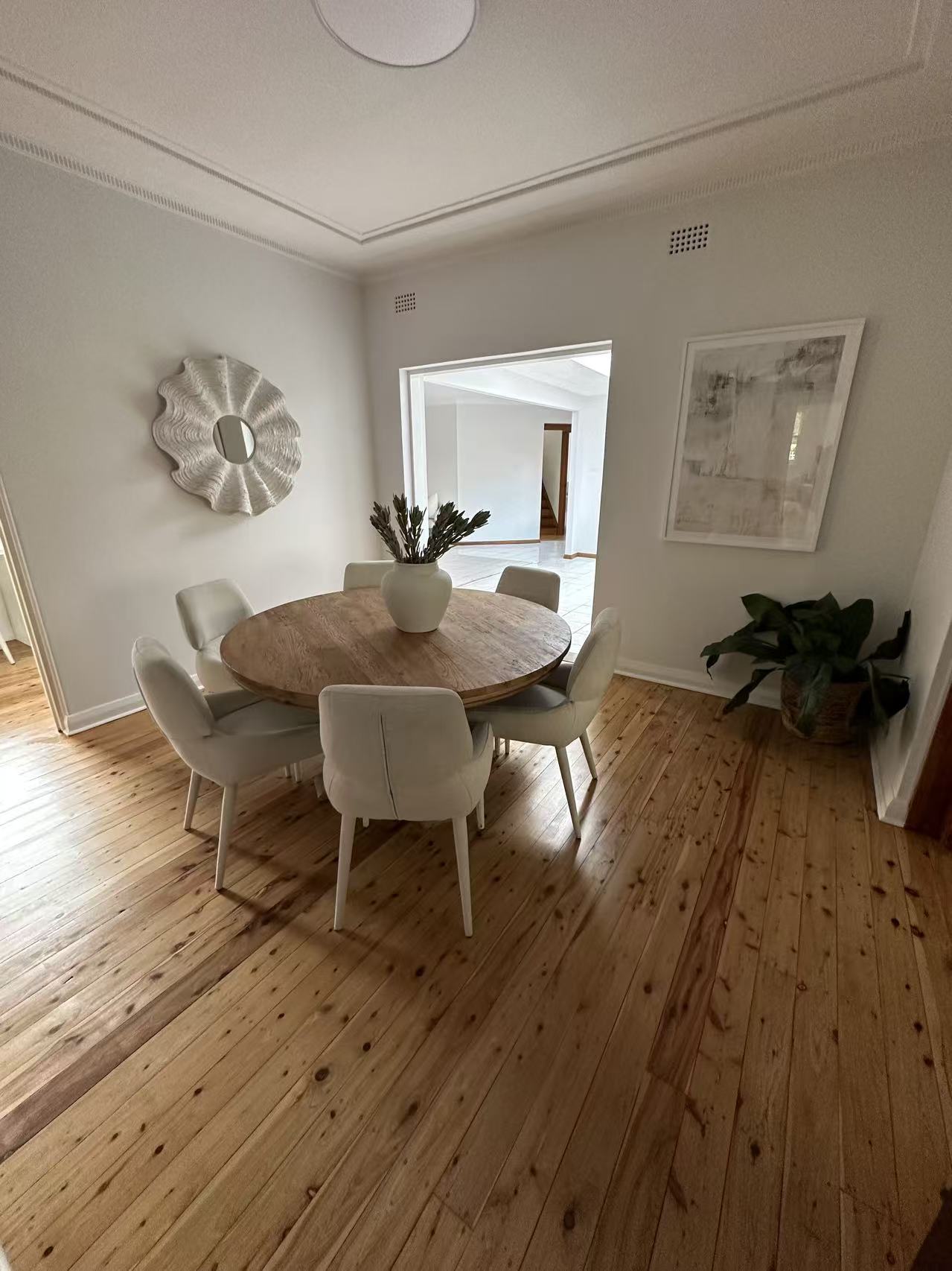 Dining room with sanded and polished timber floorboards, styled, Eastwood
