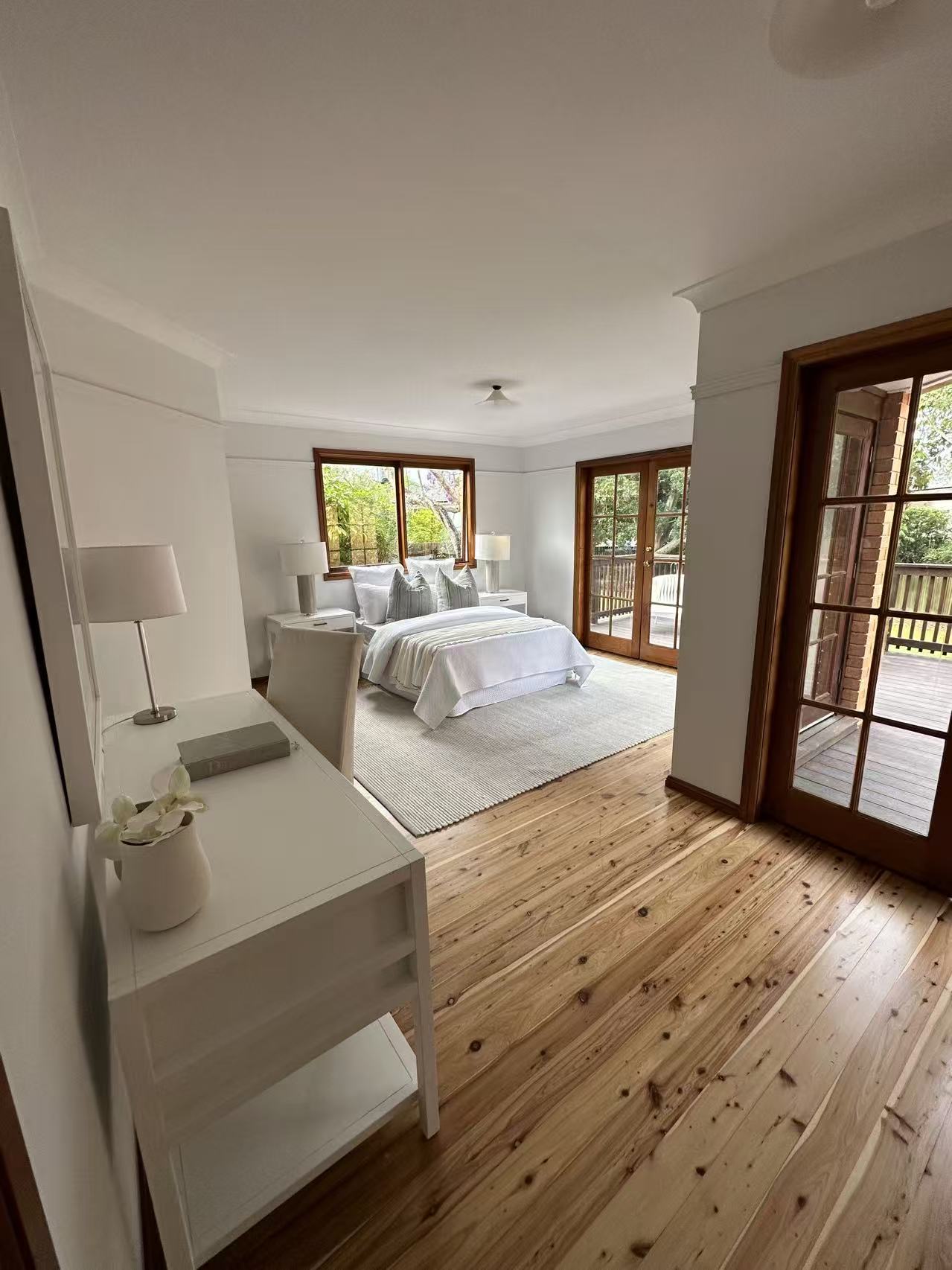 Master bedroom with sanded and polished timber floorboards, styled, Eastwood