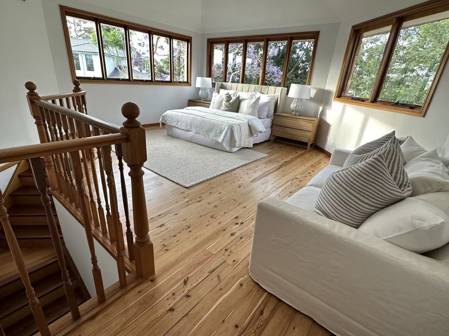 Upstairs sitting area with sanded and polished timber floorboards, styled, Eastwood