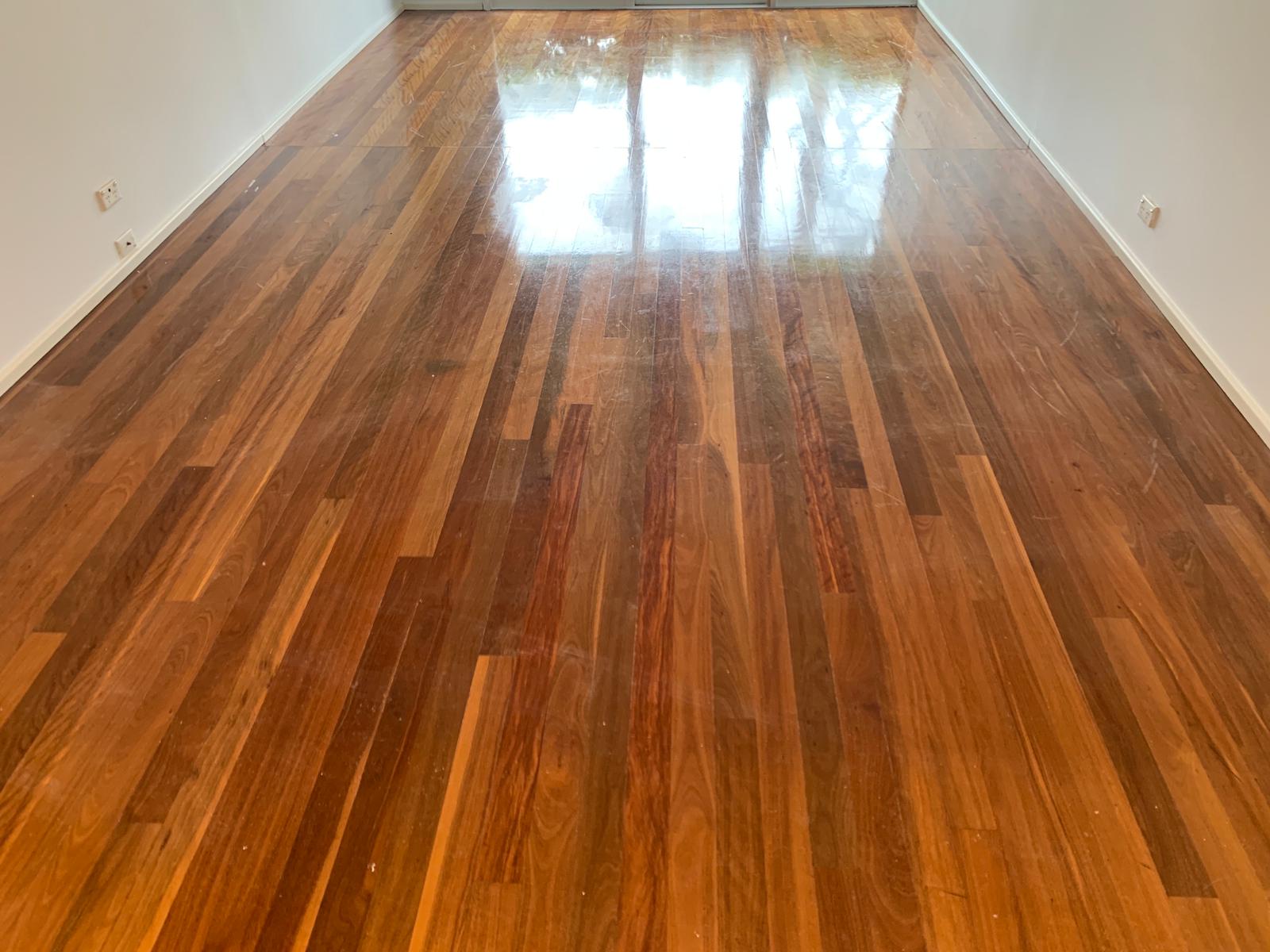 Living room timber floor with waterbase finish, gloss sheen, St Ives