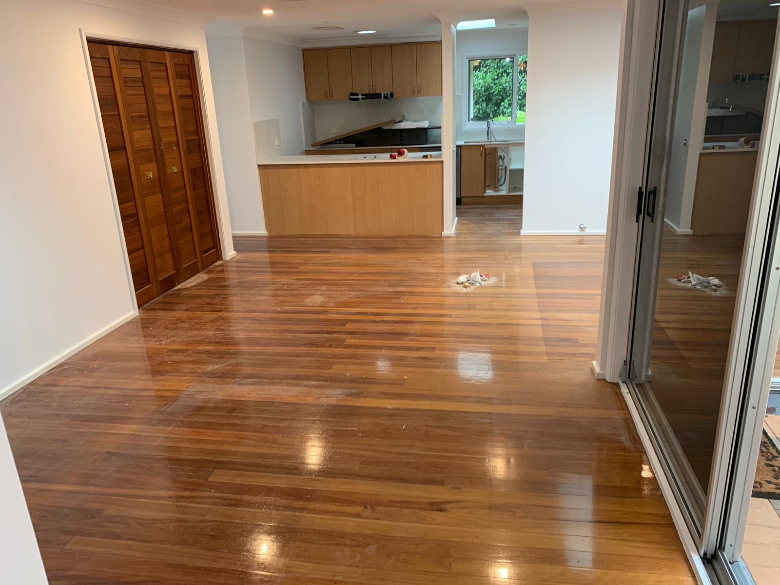 Living room timber floor with waterbase finish, open to kitchen, St Ives