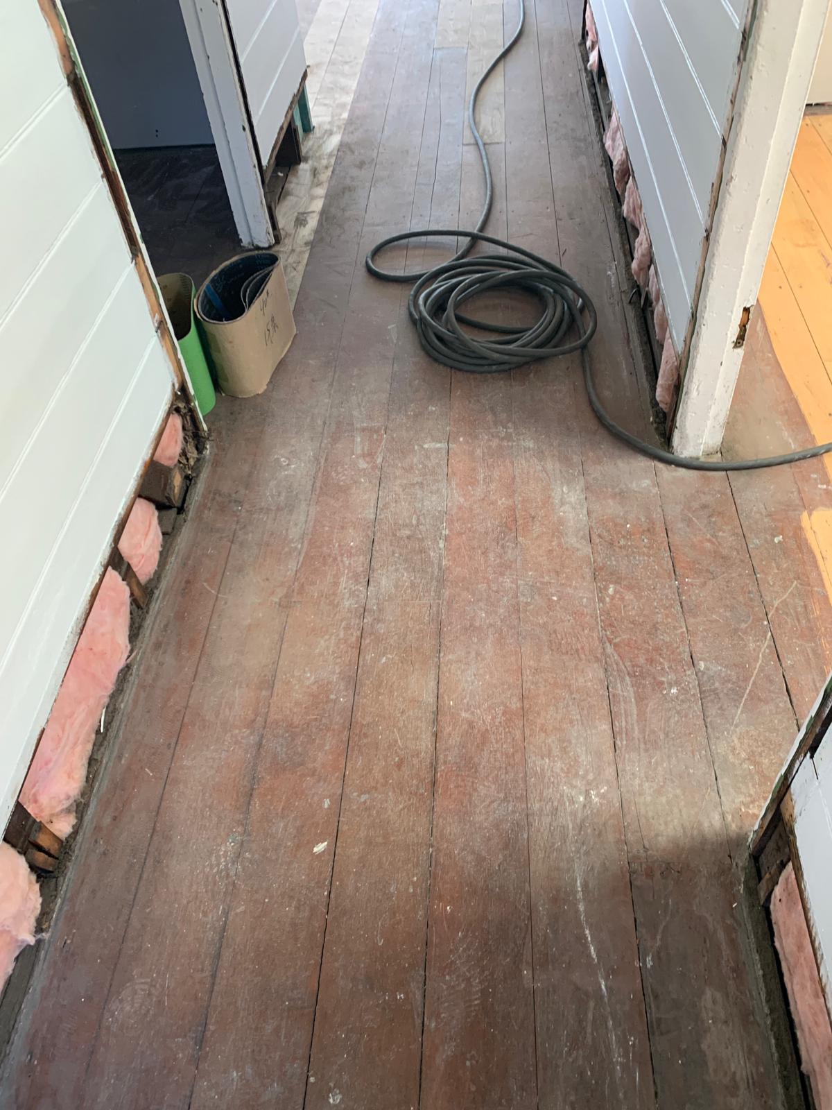 Old worn bedroom timber floor before sanding, St Peters