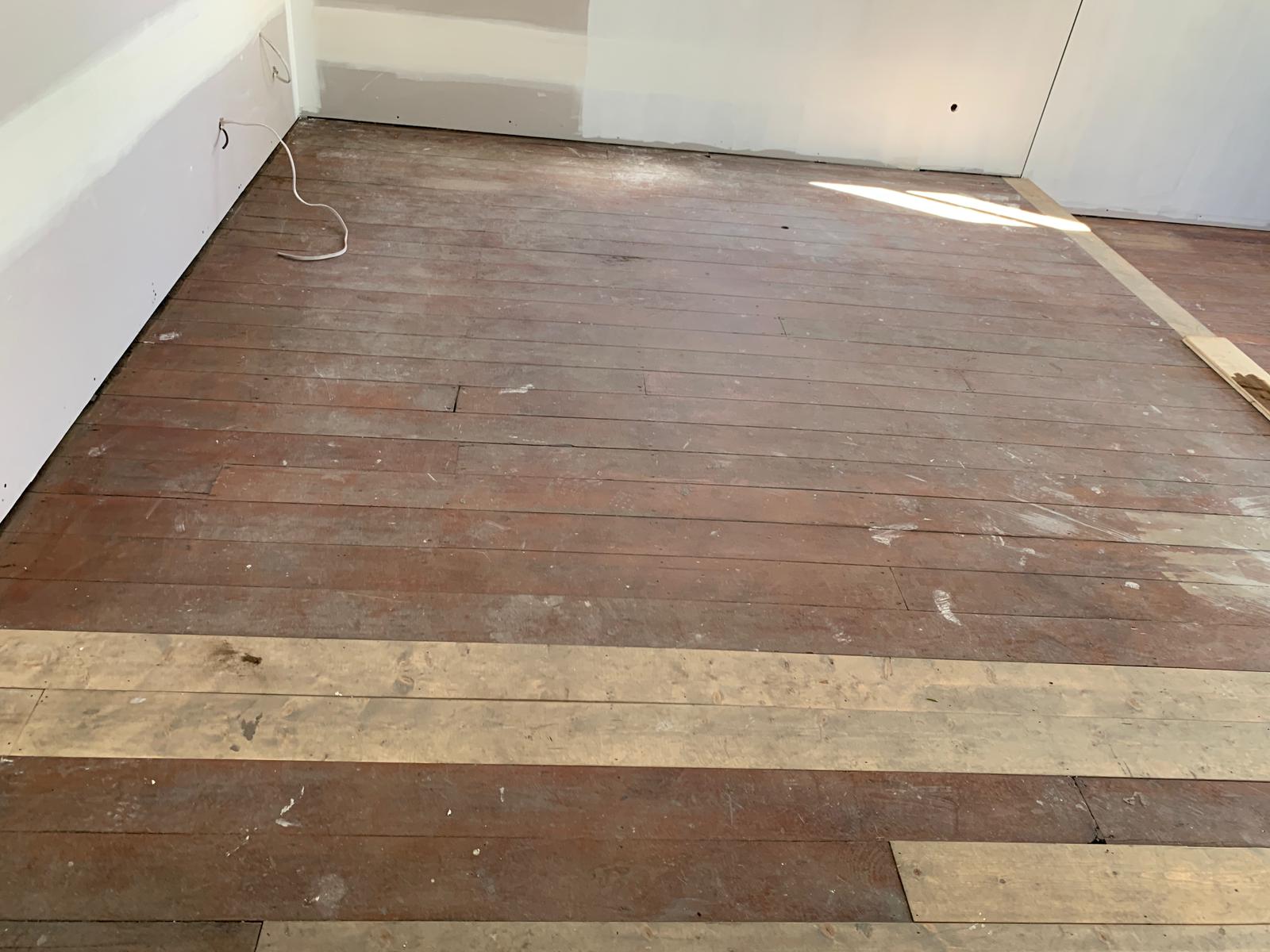 Old worn living room timber floor before sanding, St Peters